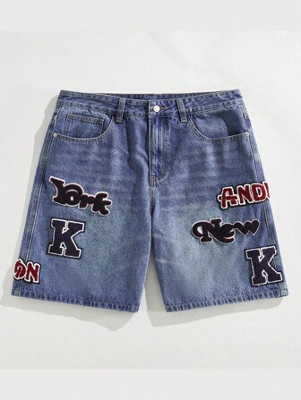 Street Life Bermudas de mezclilla con parche bordado para hombres, adecuadas para primavera/verano