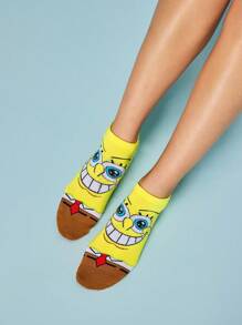 SpongeBob SquarePants | SHEIN 5 双柔软透气吸湿排汗休闲女士踝袜，带有 & & Squidward & Krusty Krab 时尚可爱的彩色短袜，加固脚趾和脚跟，经久耐用，男女通用，四季百搭，夏季冬季 - 彩色 - 查看 5