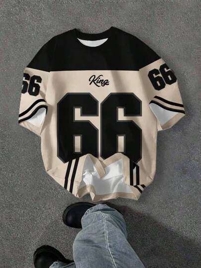 SHEIN EZwear เสื้อยืดแขนสั้นคอกลม สบายๆ ดีไซน์ขั้นต่ำ ตัวเลข 66 และตัวอักษรพิมพ์สีคอนทราสต์ ใส่หลวมๆ เหมาะสำหรับฤดูร้อน แฟชั่นสตรีท สนามบิน