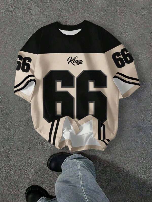 SHEIN EZwear 休闲简约圆领短袖 T 恤，66 数字和字母图形撞色印花，宽松女式 T 恤，适合夏季、街头时尚、机场