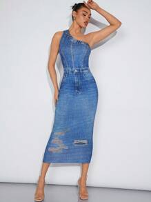 Denimoi One Shoulder Denim-Effect Print Bodycon Dress - Multicolor - View 5