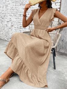 SHEIN Clasi 女士休闲简约腰部收褶长裙，适合度假 - 卡其色 - 查看 7