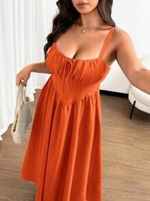 Flirla 大码女式优雅纯色前系带蝴蝶结细肩带超长沙滩裙，适合海滩、度假、派对、约会、音乐节、春夏季，百搭设计 - 橘色 - 查看 5