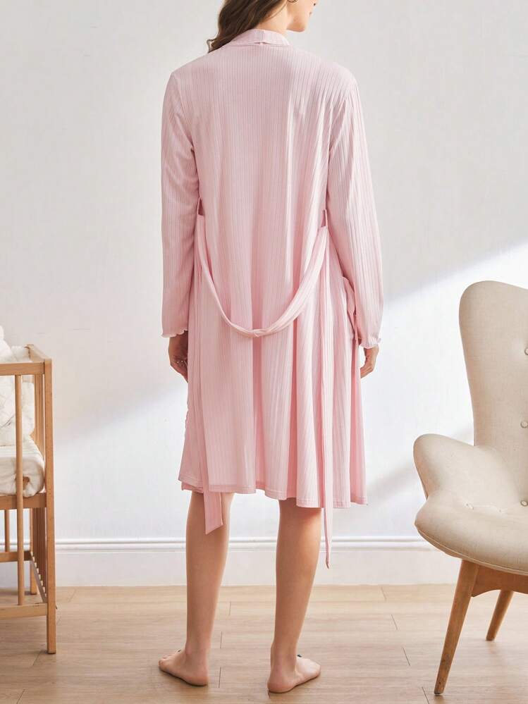 BloomMama ピンクのマタニティ ガウン、ショールカラー、長袖、快適な