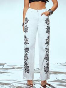 Denimoi 亮片贴片直筒牛仔裤 - 白色 - 查看 4