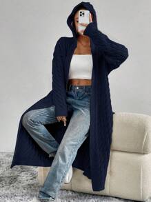 Flirla Cardigan Wanita Lengan Panjang Berkerudung Motif Kabel Putar Kasual Modis untuk Musim Gugur dan Musim Dingin - Navy Blue - View 5