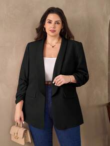 SHEIN Clasi 粉色大码女式西装外套，优雅的通勤和商务装扮，商务休闲女士大码女式西装外套大码女式西装外套大码办公室服装女士西装外套大码办公室服装女士大码秋冬西装外套 - 黑色 - 查看 1