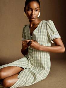 Écloséra Váy midi xẻ tà cổ chữ V kẻ caro vàng xanh kiểu Pháp cổ điển, viền ren trắng, màu tương phản, trang trí nút phía trước, dành cho nữ mùa xuân hè - màu xanh lá - Xem 6