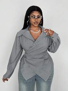 Maweii 大码休闲通勤条纹裹身衬衫 - 灰色 - 查看 2