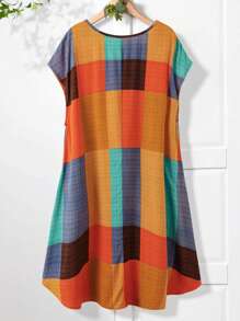 Rusticease Vestido casual de verano para mujer de talla grande con cuello redondo y mangas de murciélago a cuadros - Azul - Ver 2
