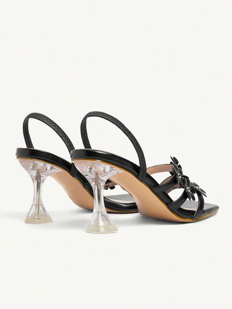 CUCCOO CHICEST Women's Floral Strappy Transparent Block Heel Sandals, Elegant, Romantic, Sexy, Fashion Black Faux Leather High Heel Shoes For Cocktail Party, Date, Fashion Party, Elegant Outfit, Holiday, Beach, Halloween
