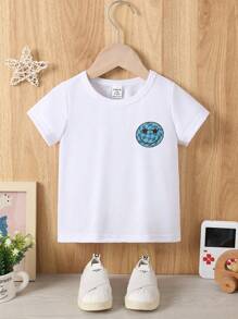 SHEIN 男童休闲时尚舒适简约可爱脸、铅笔、书本图案短袖圆领T恤，夏季