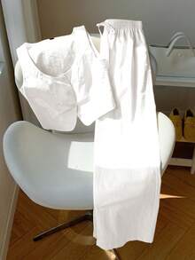 SHEIN EZwear 女士新款米色亚麻背心裤套装 女士度假套装 女士夏季套装 女士春季套装 女士夏季套装 - 白色 - 查看 6