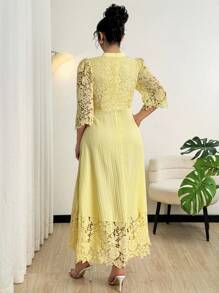 Modelyn Vestido largo de manga larga con parches de bordado de ojal amarillo y talla grande para mujeres - Amarillo - Ver 2