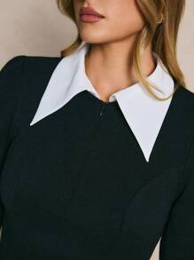 Poéselle 女式撞色领喇叭袖修身短款连衣裙 - 黑與白 - 查看 3