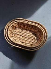 SHEIN 3pcs/1pc Handmade Woven Rattan Tray, Woven Rattan Fruit Basket, Snack Plate, Woven Tray, French Fry Plate, Fried Chicken Plate, Fruit Basket, Woven Oval Shallow Plate, Outdoor Picnic Plate, BBQ Plate, Reusable Portable Tableware For Breakfast, Beverage, Coffee Table, Farm House Decoration And Storage - Yellow Oval Deep - View 3