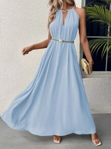 EMERY ROSE Women's Solid Color Simple Daily Wear Swing Neck Halter Dress Maxi Vacation Beach Outfit Baby Blue - Mint Blue - View 6