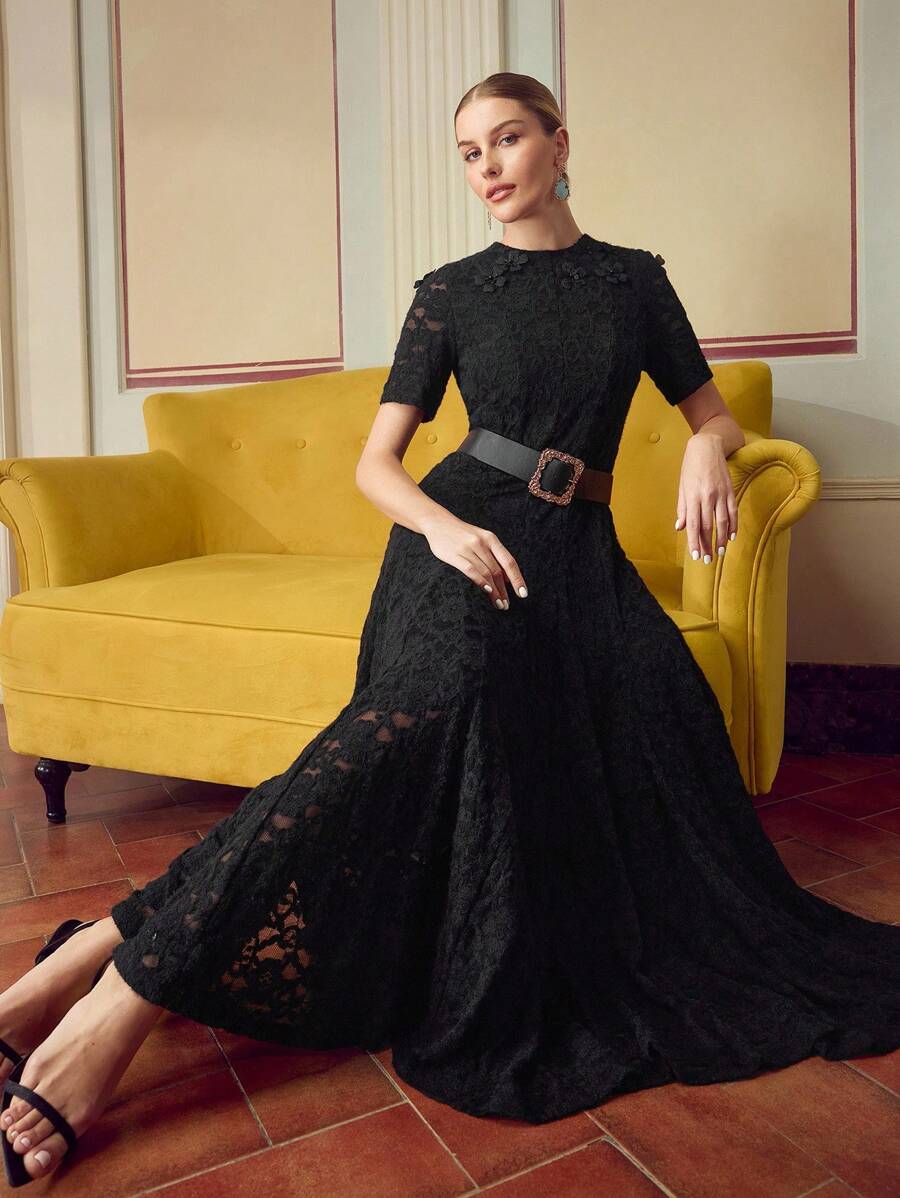 ZEYLAH Elegant High Collar 3D Floral Decor Short Sleeve Long Dress, Spring/Summer - Black - View 1