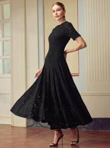 ZEYLAH Elegant High Collar 3D Floral Decor Short Sleeve Long Dress, Spring/Summer - Black - View 4