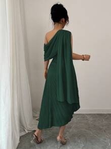 Rafferiza 女士优雅雪纺垂褶单肩连衣裙，春夏大学校园连衣裙 - 墨綠色 - 查看 2