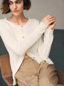 Uhlyne Fall Women Clothes Women's Solid Color Long Sleeve Single-Breasted Casual Cardigan All White Knitted Sweater - White - View 3