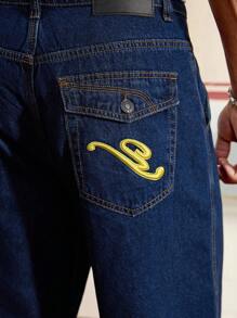 SWAVVY 男士刺绣设计宽松阔腿休闲牛仔短裤 - 深色水洗藍 - 查看 7