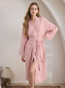 Ocili Ocili Bata de baño de algodón suave de doble capa transparente para mujeres, bata de dormir cómoda