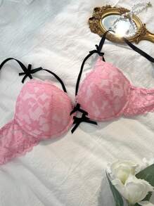 DelicateAllure Pink Lace Push Up Bra With Backless Design And Cute Bow Details, Cute Lace Bras Push Up  Cozy And Elegant Details Lingerie Bra - Pink - View 4