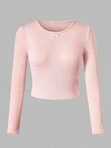 SHEIN 3pcs/Set Tween Girls Casual All-Match Versatile Bow Crew Neck Short Fitted Ribbed Undershirt, Autumn/Winter - Multicolor - View 5