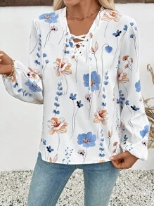 EMERY ROSE Women's V-Neck Floral Pattern Casual/Work Long Sleeve Shirt Fall Cloth For Women - Multicolor - View 3