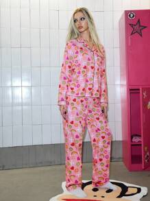 Paul Frank X ROMWE 女士棉质休闲长袖衬衫和裤子睡衣套装，适合春秋季 - 粉色 - 查看 5