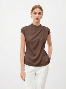 SHEIN BIZwear 女式简约纯色优雅褶皱衬衫，夏季 - 棕色 - 查看 7