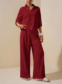 Zivah 2025新款夏季休闲优雅度假日常约会通勤工作服简约基础款翻领长袖落肩宽松衬衫+阔腿超长裤白色女两件套 - 紅色 - 查看 4