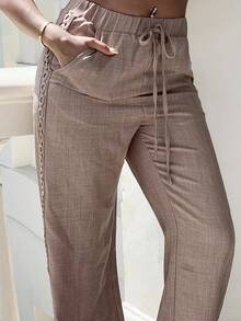 NegzBox Women's Denim Effect Linen Blend Pants With Lace Hem - Khaki - View 3