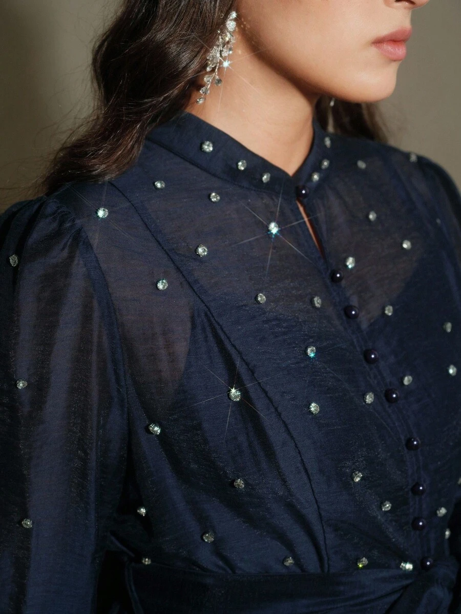 Anewsta Plus Size Women Long Dress With Rhinestone Decor, Elegant And Versatile Formal Dress