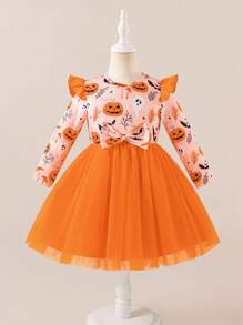 Glamorique Kids Girls' Halloween Pumpkin Sleeveless Midi Dress, Suitable For Halloween Wear Girls Halloween Dress Orange Kid Dress Kids Halloween Dress Pumpkin Dress For Girls Fall Winter - Multicolor - View 3