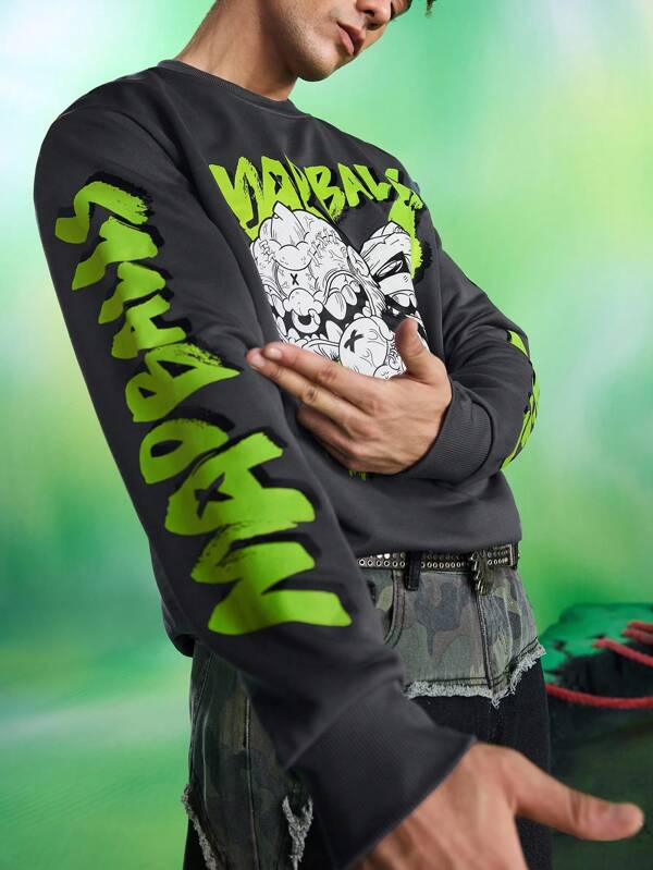 MADBALLS X SHEIN Men's Casual Street Cartoon & Letter Graphic Pullover, Spring/Autumn