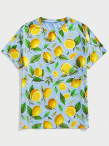 Manfinity VCAY Men's Casual Knit Lemon Print Fitted Raglan Short Sleeve T-Shirt Lemon Shirt Men Lemon Print Shirt Summer Shirt Men Tropical Shirt Men Men Summer Clothes - Multicolor - View 3