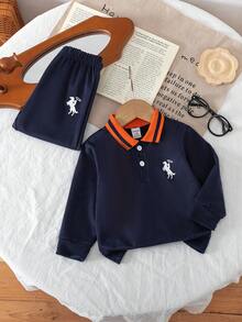 SHEIN Boys' Casual Navy Blue Polo Collar Long Sleeve Top + Matching Pants, Chest Graphic Design, Contrast Collar, Suitable For Daily Wear, Summer Back To School Season - Royal Blue - View 1