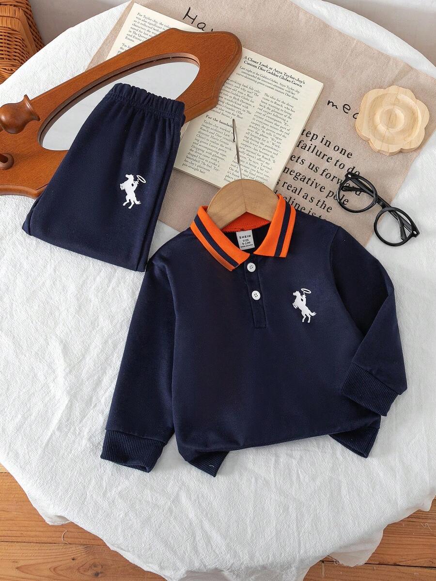 SHEIN Boys' Casual Navy Blue Polo Collar Long Sleeve Top + Matching Pants, Chest Graphic Design, Contrast Collar, Suitable For Daily Wear, Summer Back To School Season - Royal Blue - View 1