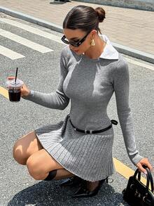 Siren Gaze Autumn Grey Elegant And Classy 2 In 1 Woolen Dress For Women With Belt,Kochi Style A-Line Sweater Dress,Back-To-School Fashionable School Office Wear - Grey - View 8