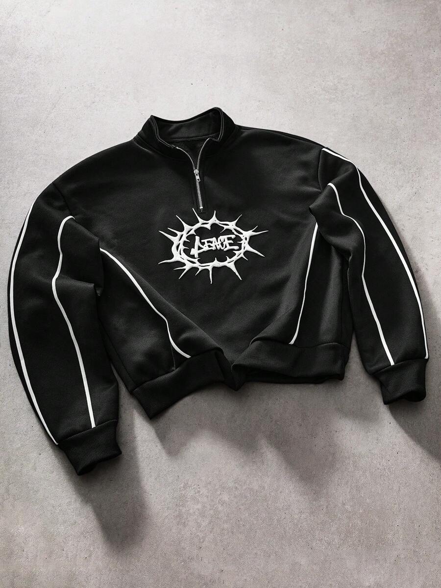 PAVTROS Sudadera con media cremallera y cuello alto con estampado de espuma con diseño de paz Manfinity Streetrush para hombres, sudadera con gráficos de vuelta al colegio para hombres, estilo rave, estilo emo, estilo años 2000, otoño e invierno - Negro - Ver 1
