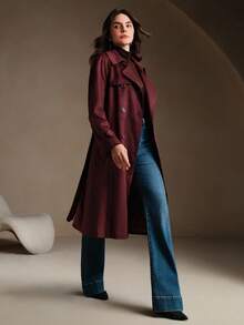 Anewsta Áo khoác dạ nữ cổ điển tối giản màu đỏ tía, cài hai hàng khuy, thắt eo, chất liệu da lộn, thời trang thu/đông - Màu đỏ tím - Xem 6