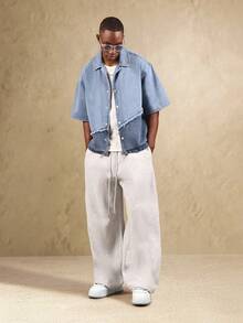 SUMWON Áo sơ mi denim Color Block cài nút cỡ lớn, chi tiết viền thô, lễ hội mùa hè, tay ngắn, phong cách đô thị, giản dị, rách rưới, bãi biển - Rửa trung bình - Xem 4