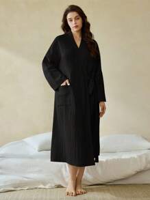 Ocili 休闲舒适纯棉双层绉纱柔软系带腰身加大码睡袍，温暖舒适，秋冬必备 - 黑色 - 查看 7