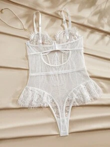Charlaine Elegant French Lace Eyelash Cutout Waist Slimming Sexy Bodysuit For Women Wedding Bridal Lingerie, Going Out - White - View 7