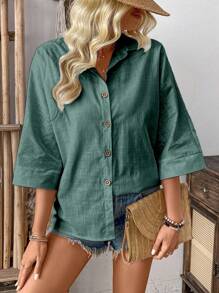 EMERY ROSE 纯色前开襟休闲百搭夏季度假衬衫，春季休闲款 - 墨綠色 - 查看 4