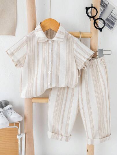 SHEIN 2 Pieces Set Young Boys Casual Comfortable Versatile Striped Short Sleeve Shirt And Straight Leg Pants Outfits