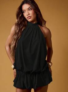 MISSGUIDED Halter Neck Mini Dress Sleeveless Puff Ball Evening Party Summer Ruffle Hem Club Wedding Guest Backless Statement Dress - Black - View 7