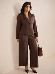 Elaquor 大码女式优雅简约基本款都市时尚西装套装，西装外套 + 裤子，适合办公室通勤，秋冬季 - 咖啡棕 - 查看 5